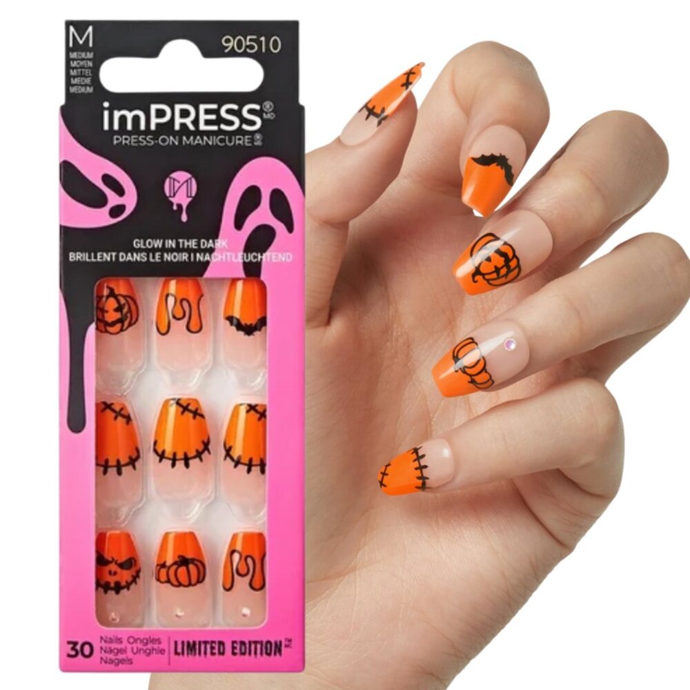 NEW KISS imPRESS Press-On Manicure Halloween, Medium Length, Coffin Shape